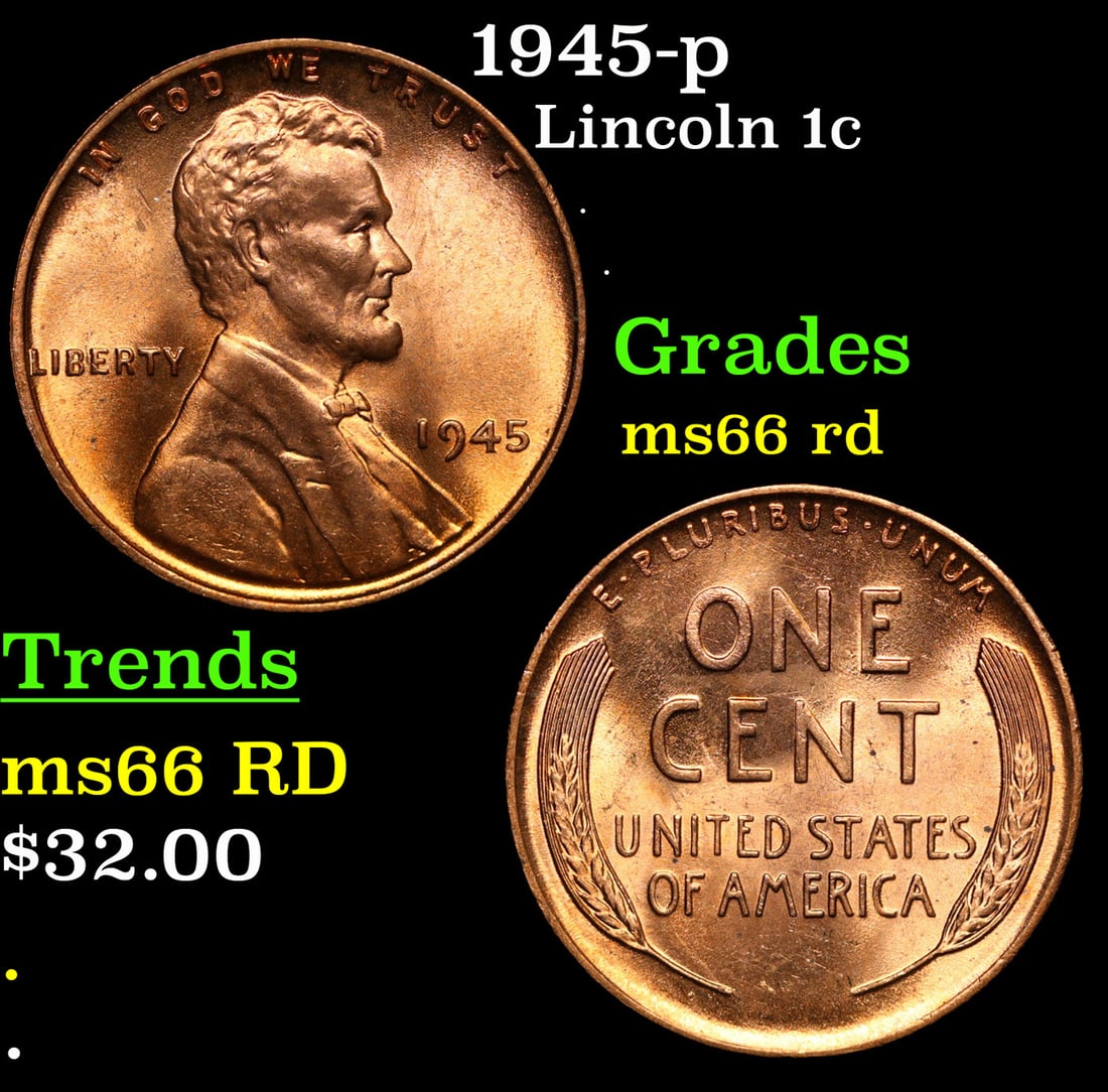 1945-p Lincoln Cent 1c Grades GEM+ Unc RD: 1945-p Lincoln Cent 1c Grades GEM+ Unc RD.