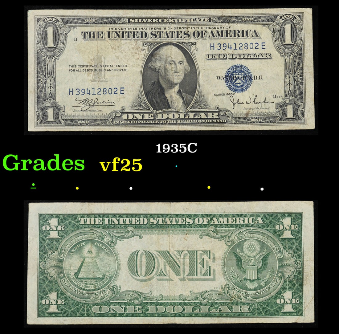 1935C $1 Blue Seal Silver Certificate Grades vf+: 1935C $1 Blue Seal Silver Certificate Grades vf+. FR-1612 Julian-Snyder Silver Certificates were redeemable in Silver. One of their most distinctive qualities is the blue Treasury seal and serial numb