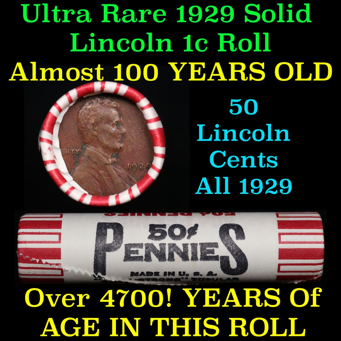Shotgun Lincoln 1c roll, 1929-p 50 pcs Bank Wrapper 50c Almost 100 Years Old WOW! (1 of 2)