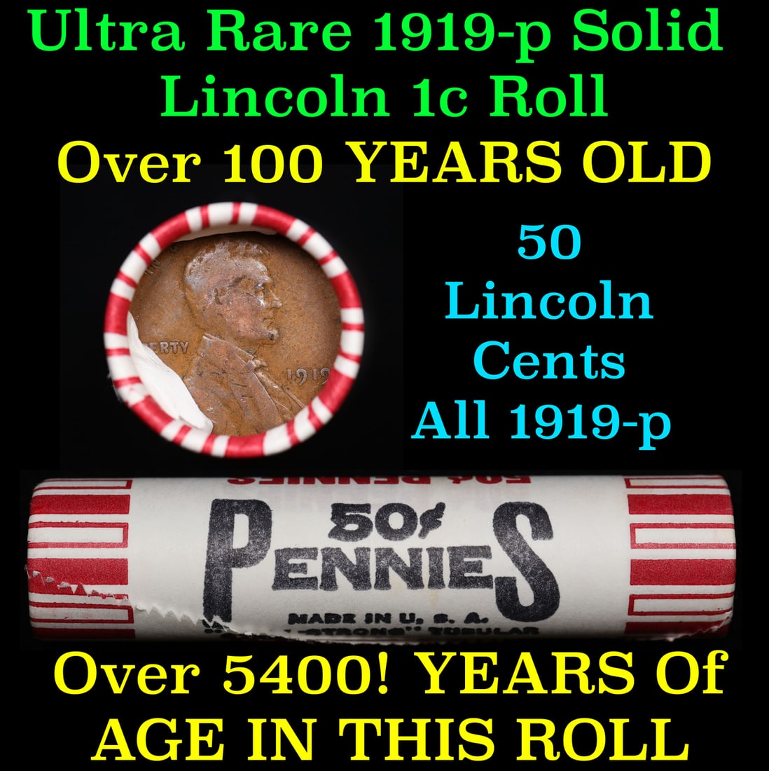 Shotgun Lincoln 1c roll, 1919-p 50 pcs Bank Wrapper 50c Over 100 Years Old WOW! (1 of 2)
