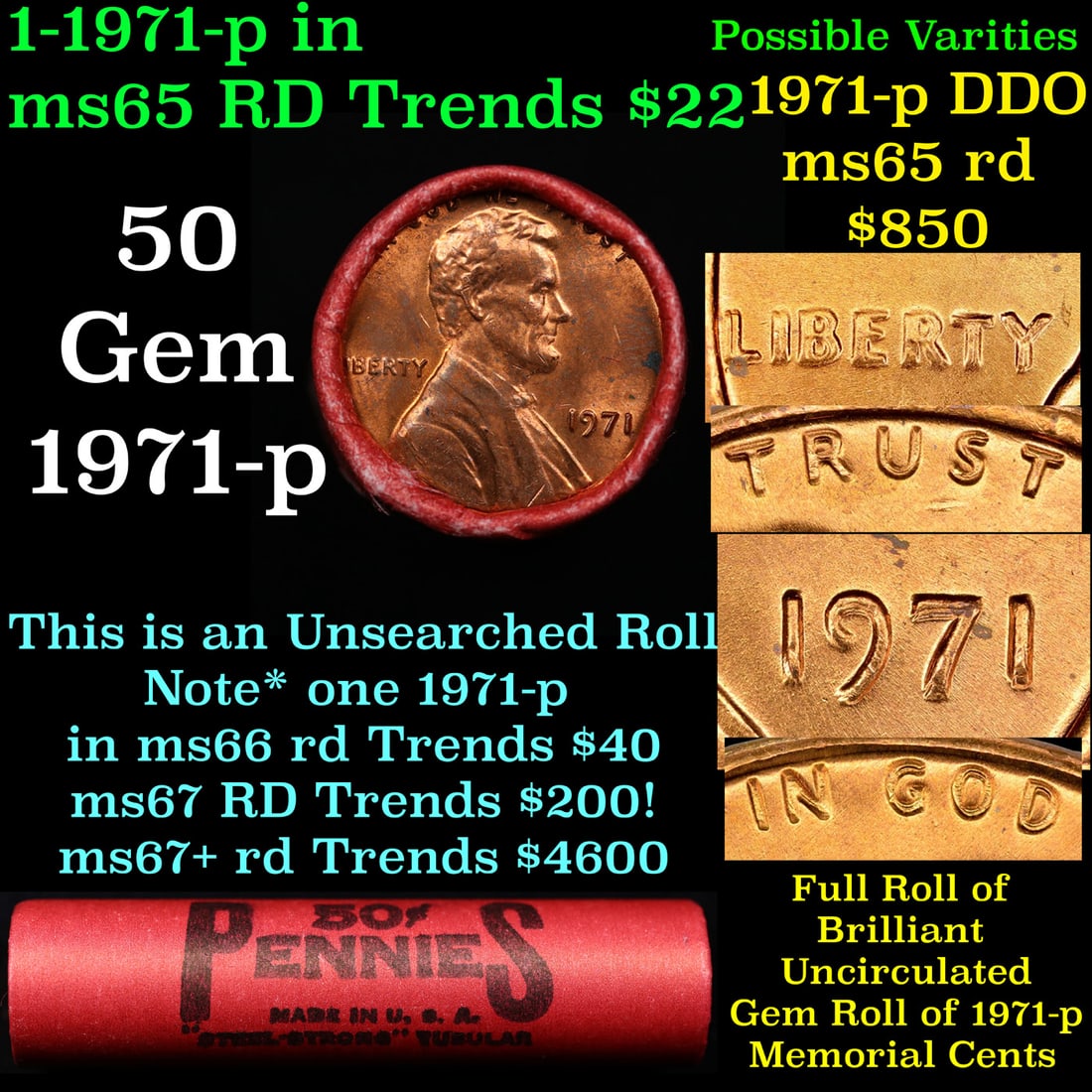 BU Shotgun Lincoln 1c roll, 1971-p 50 pcs Bank Wrapper 50c: BU Shotgun Lincoln 1c roll, 1971-p 50 pcs Bank Wrapper 50c. A terrific Shotgun roll of Lincoln cents in a Bank wrapper. Most if not all coins should be cherry red.