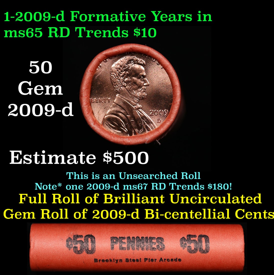 BU Shotgun Lincoln 1c roll, 2009-d 50 pcs Brooklyn Steel Pier Arcade Wrapper 50c: BU Shotgun Lincoln 1c roll, 2009-d 50 pcs Brooklyn Steel Pier Arcade Wrapper 50c. A terrific Shotgun roll of Lincoln cents in a brooklyn steel pier wrapper. Most if not all coins should be cherry red.