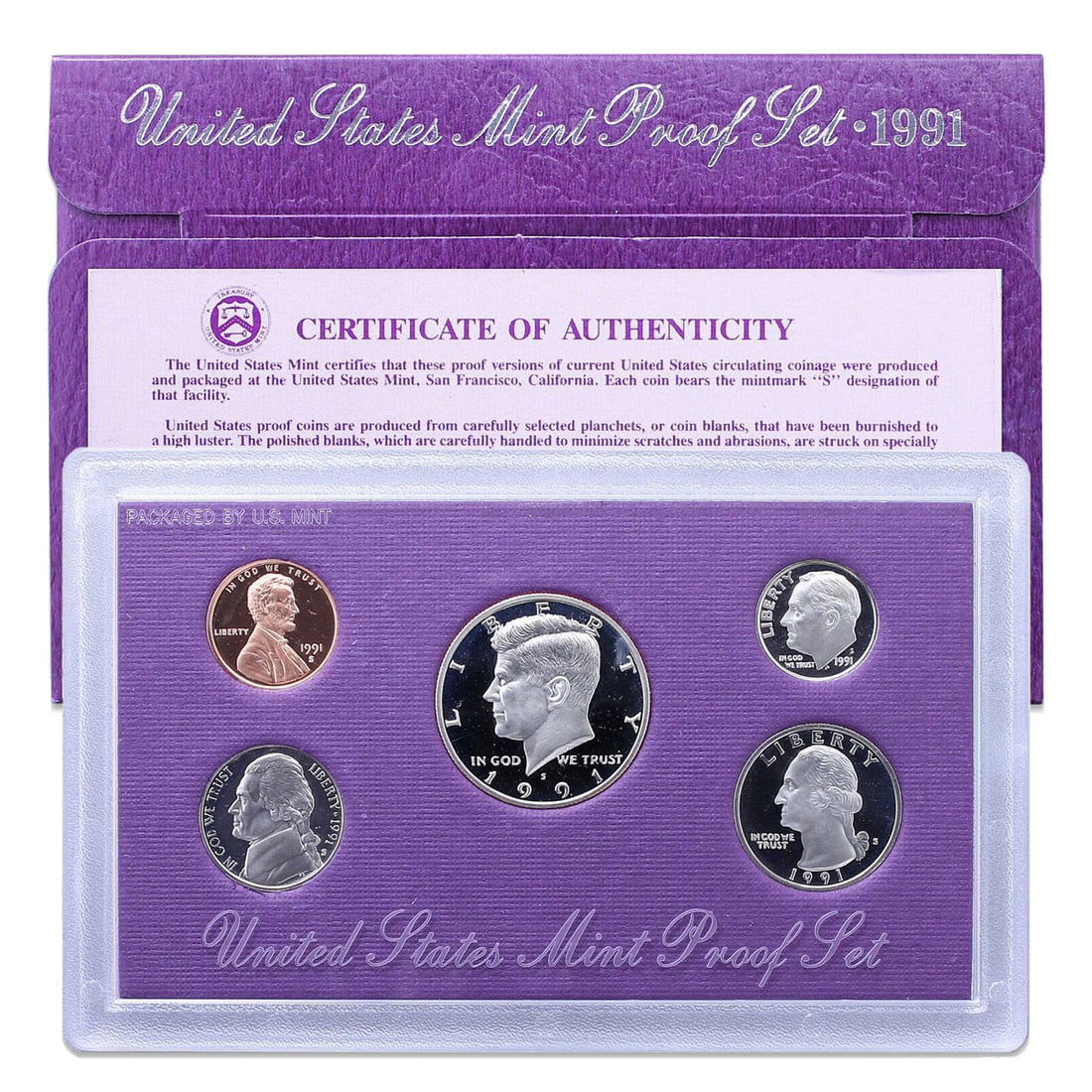 1991 United States Mint Proof Set 5 coins: 1991 United States Mint Proof Set 5 coins. Includes 5 Very Deep Cameo Proof Coins, the original Mint Packaging and the COA.
