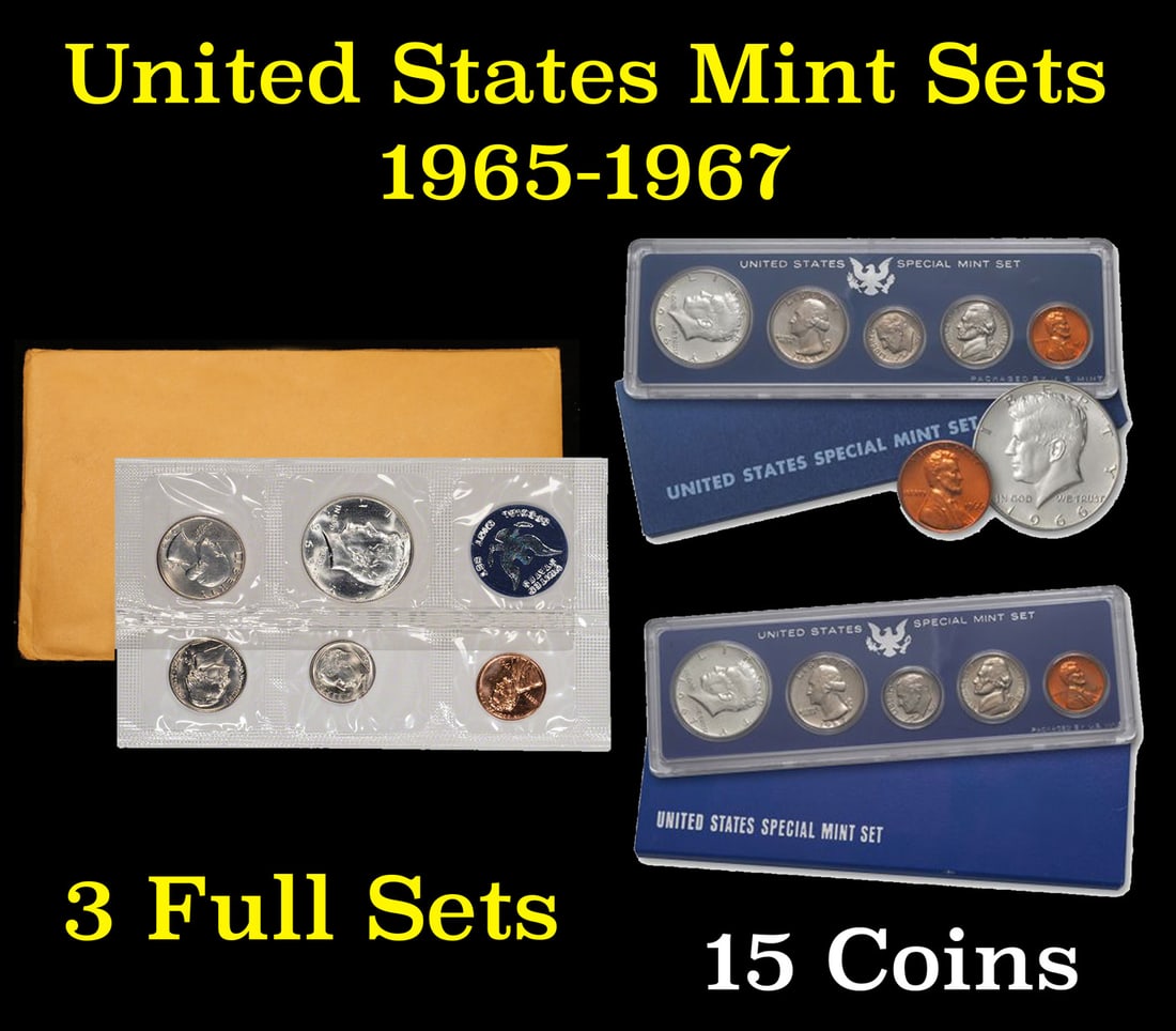 Group of 3 United States Special Mint Set in Original Government Packaging! From 1965-1967 with 15: Group of 3 United States Special Mint Set in Original Government Packaging! From 1965-1967 with 15 Coins Inside!. In response to a nationwide shortage of coinage, the Treasury Department announced tha