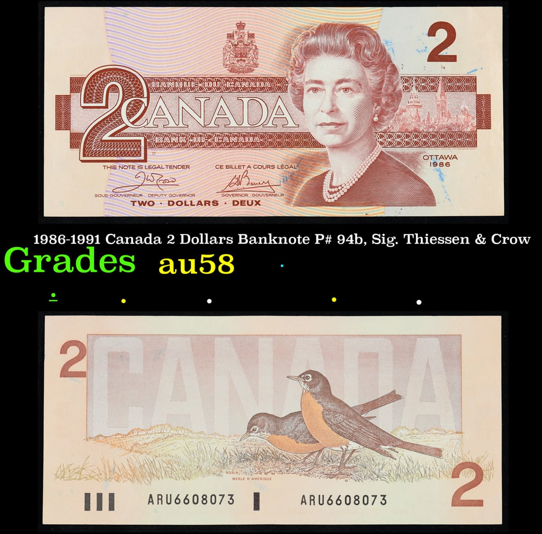 1986-1991 Canada 2 Dollars Banknote P# 94b, Sig. Thiessen & Crow Choice AU/BU Slider: 1986-1991 Canada 2 Dollars Banknote P# 94b, Sig. Thiessen & Crow Choice AU/BU Slider.