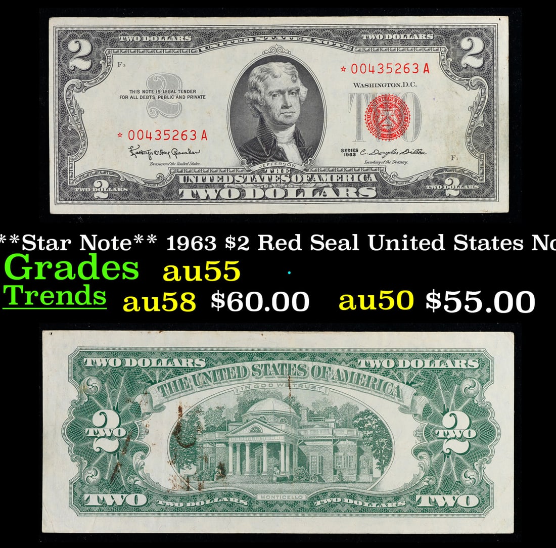 **Star Note** 1963 $2 Red Seal United States Note Grades Choice AU (1 of 1)