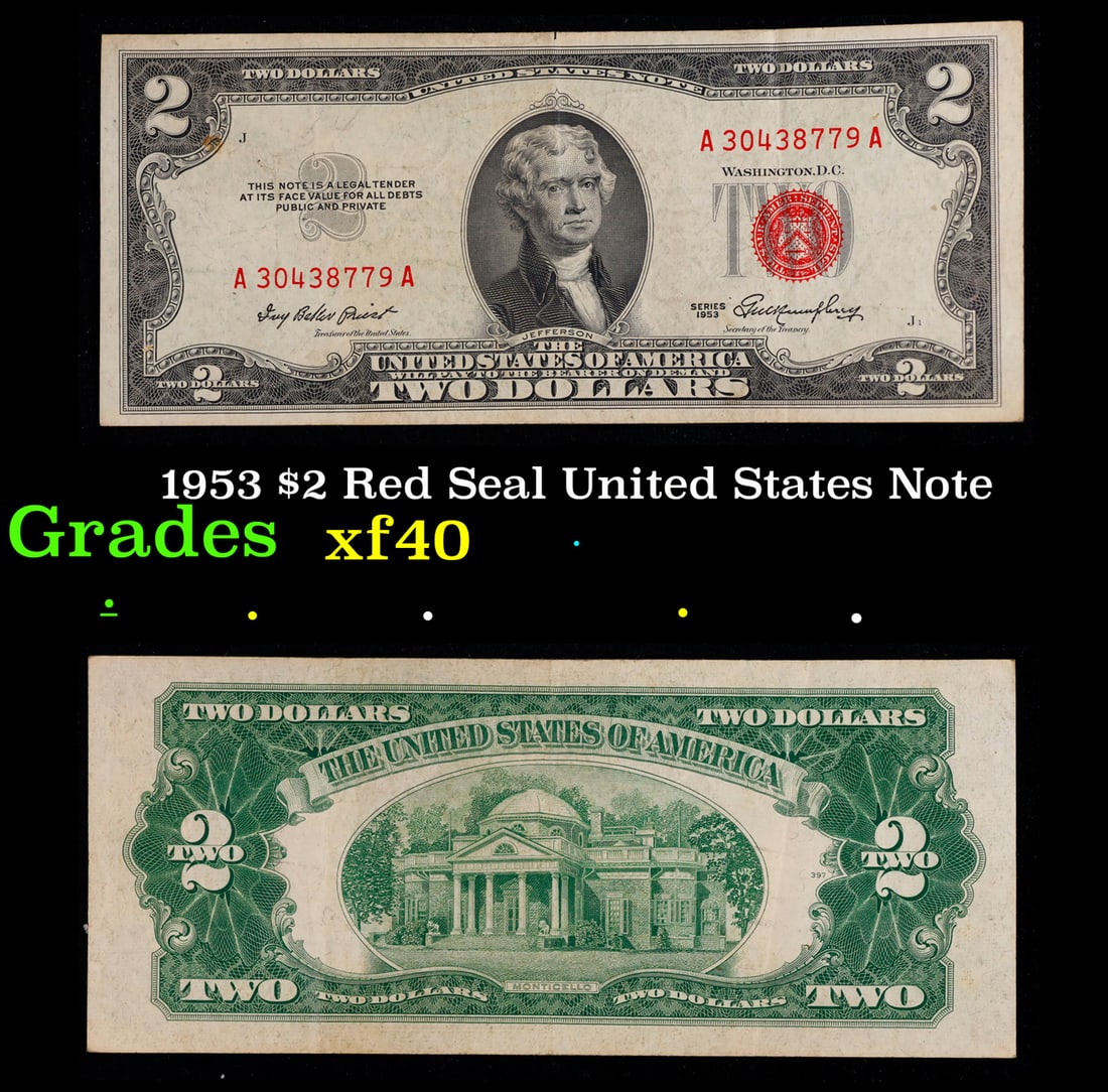 1953 $2 Red Seal United States Note Grades xf: 1953 $2 Red Seal United States Note Grades xf. 1953 red print two dollar bills can be broke up into four different types by signature combination; 1953 – Ivy Baker Priest (Treasurer of The United St