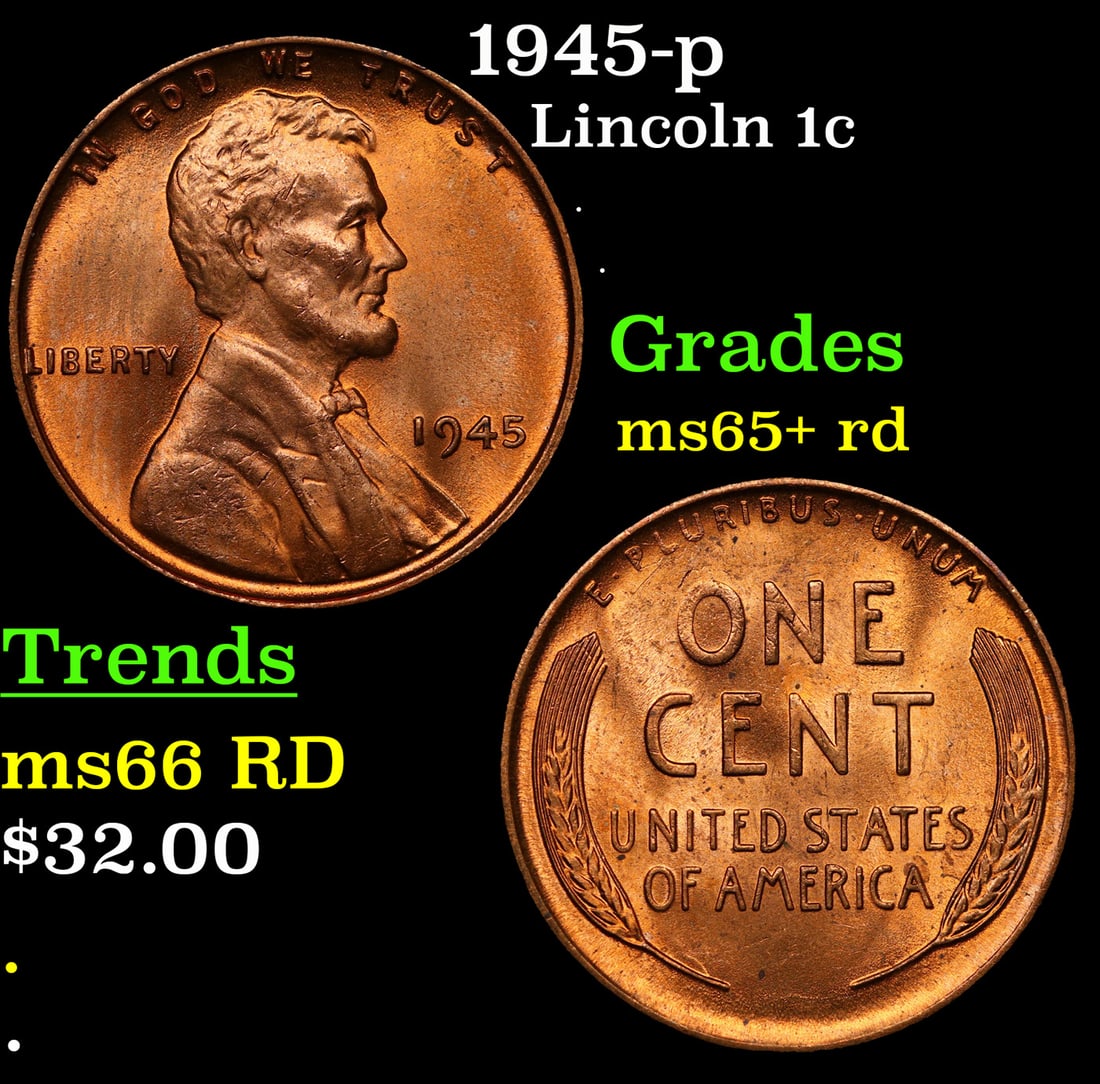 1945-p Lincoln Cent 1c Grades Gem+ Unc RD: 1945-p Lincoln Cent 1c Grades Gem+ Unc RD.