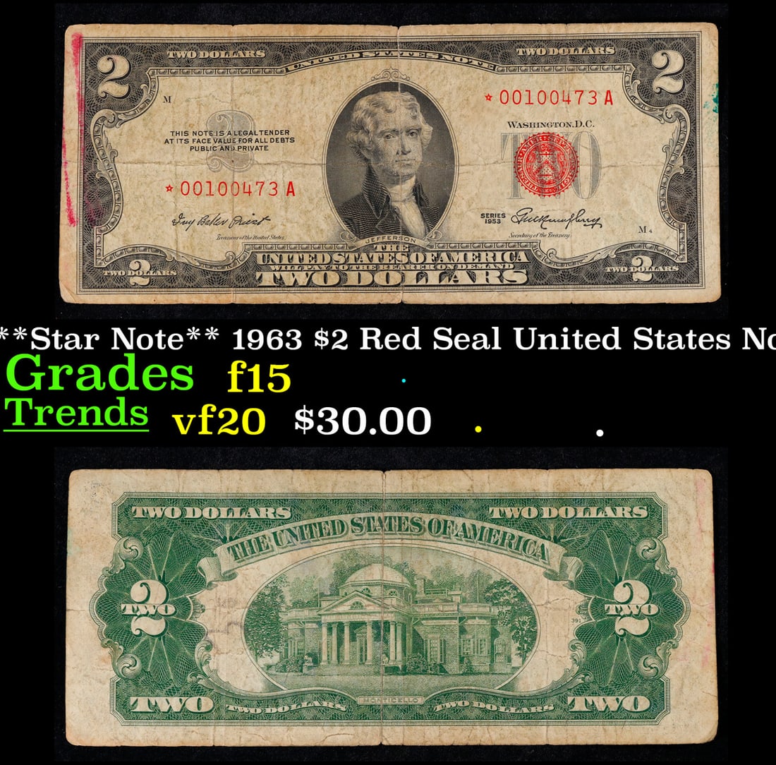 **Star Note** 1963 $2 Red Seal United States Note Grades f+ (1 of 3)
