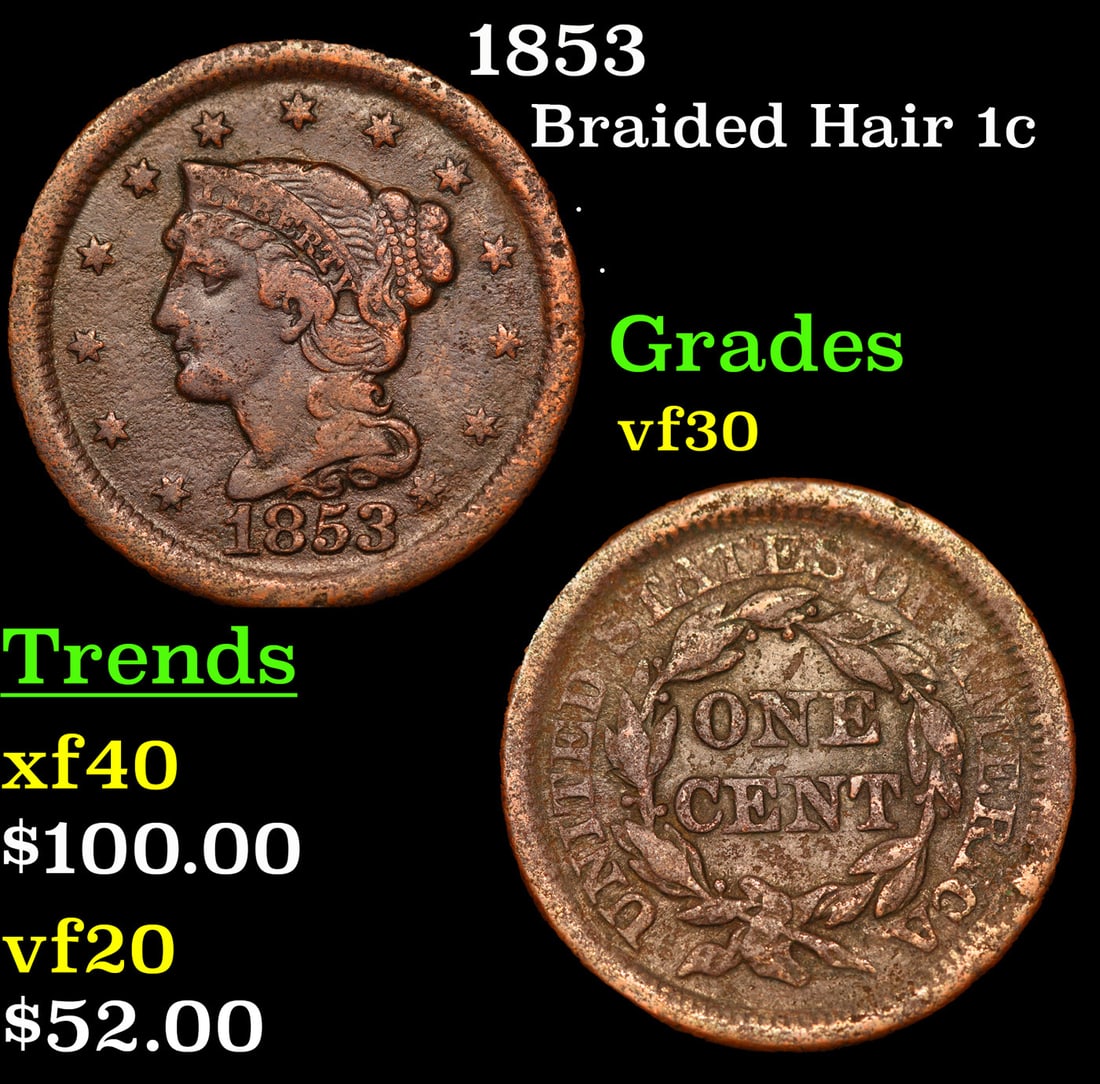 1853 Braided Hair Large Cent 1c Grades vf++ (1 of 3)