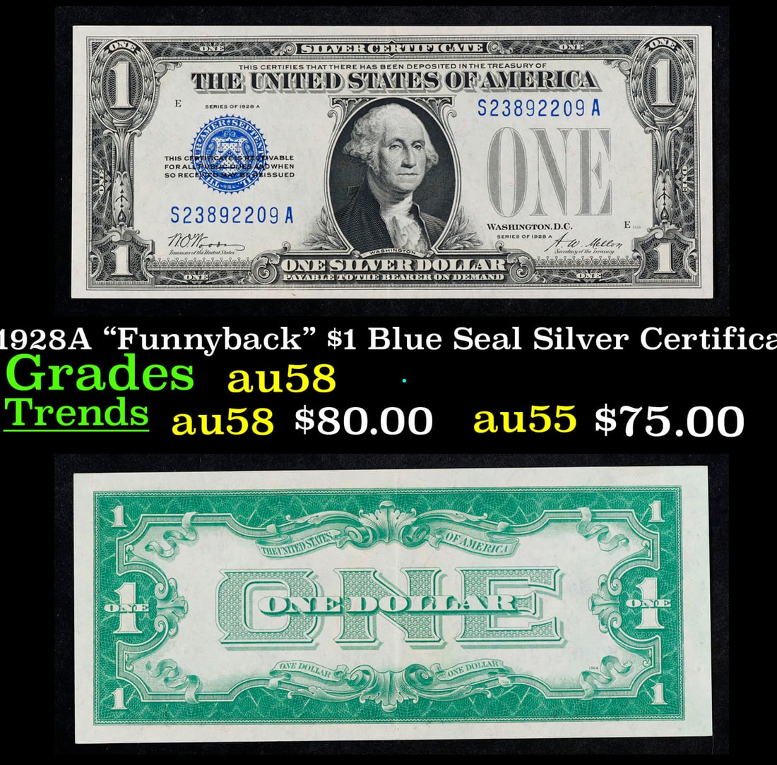 1928A "Funnyback" $1 Blue Seal Silver Certificate Grades Choice AU/BU Slider (1 of 3)