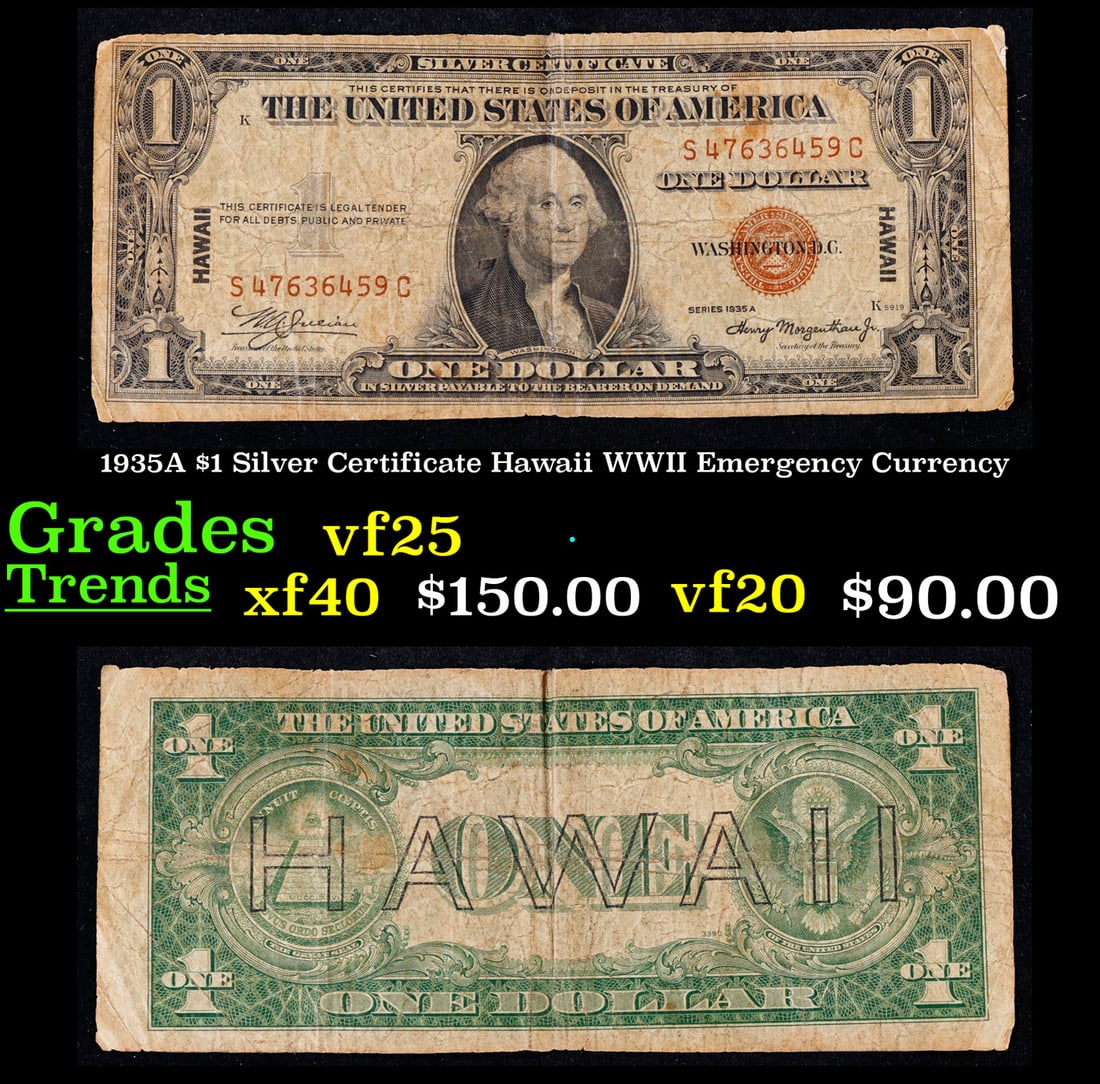 1935A $1 Silver Certificate Hawaii WWII Emergency Currency Grades vf+: 1935A $1 Silver Certificate Hawaii WWII Emergency Currency Grades vf+. FR-2300 Signatures of Julian & Morgenthau WWII Emergency Currency. It was the darkest days of World War II, just after Pearl Harb