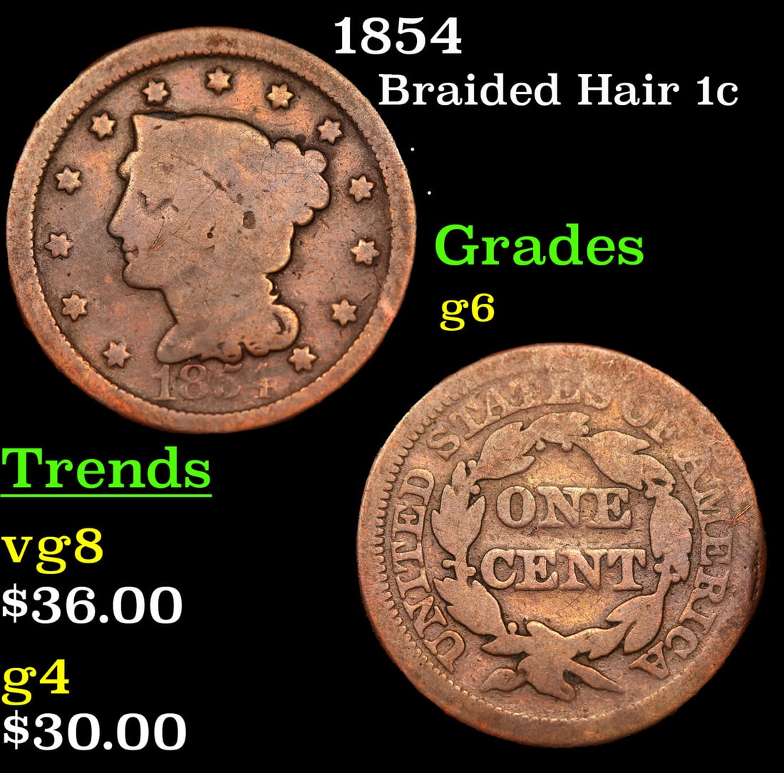 1854 Braided Hair Large Cent 1c Grades g+ (1 of 3)