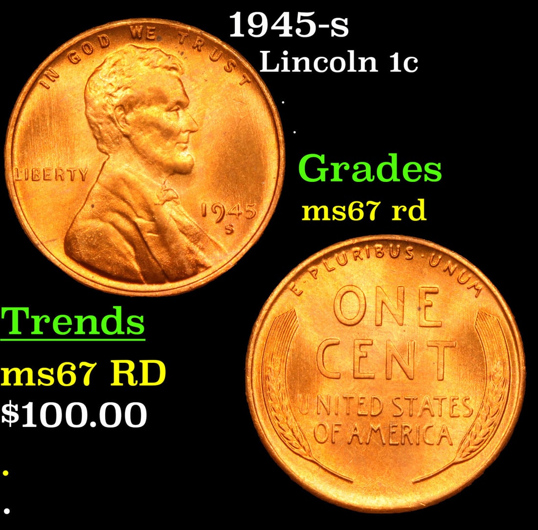 1945-s Lincoln Cent 1c Grades GEM++ Unc RD: 1945-s Lincoln Cent 1c Grades GEM++ Unc RD.