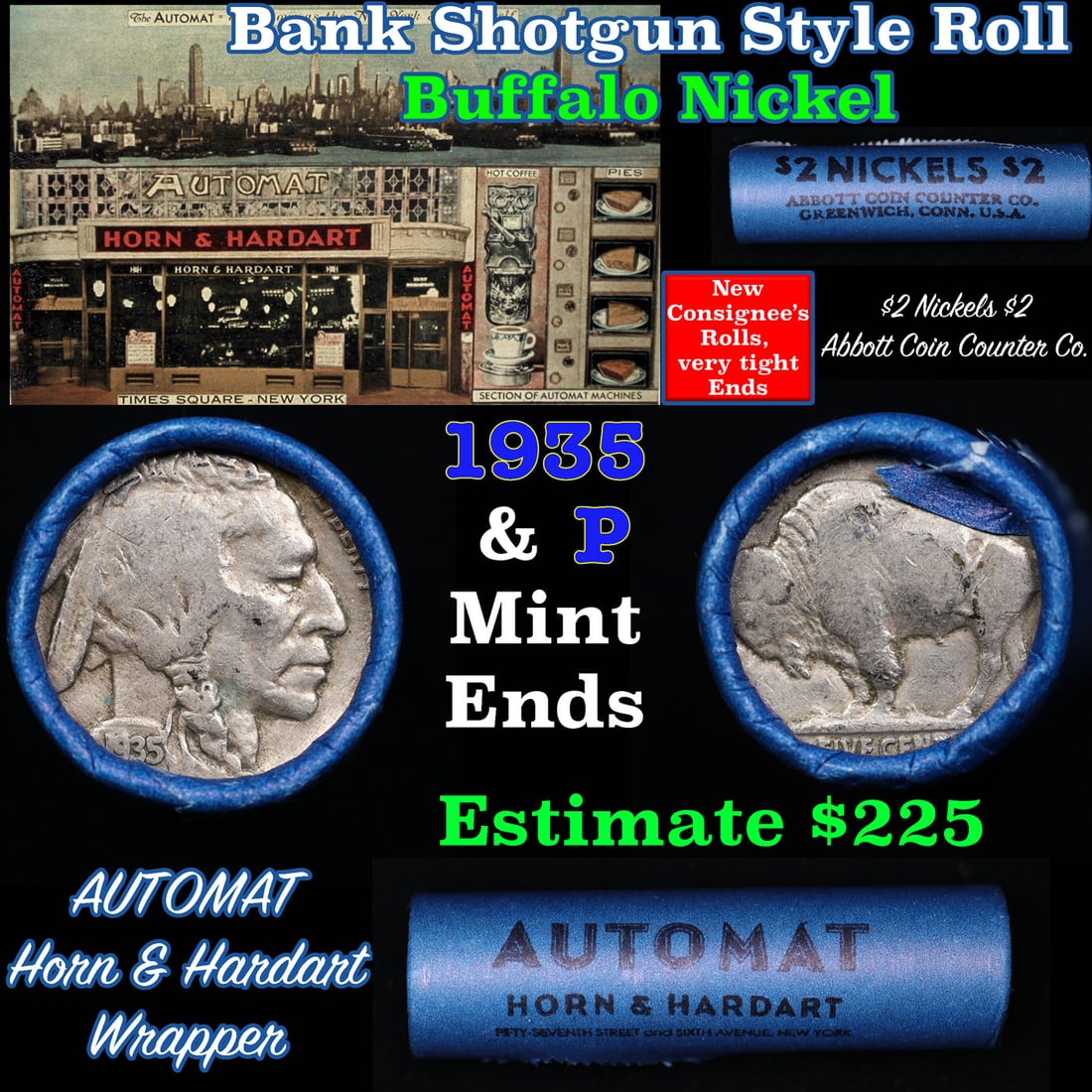 Buffalo Nickel Shotgun Roll in Old Bank Style 'Abbott Coin Counter AutoMat' Wrapper 1935 & p Mint (1 of 3)