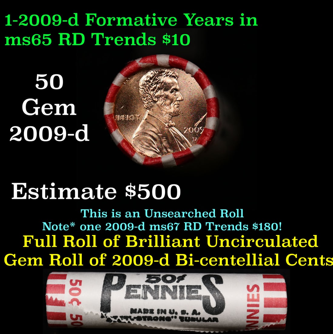 Shotgun Lincoln 1c roll, 2009-d Formative years 50 pcs Bank Wrapper.: Shotgun Lincoln 1c roll, 2009-d Formative years 50 pcs Bank Wrapper.. A terrific Shotgun roll of Lincoln cents. Most if not all coin should be cherry red.