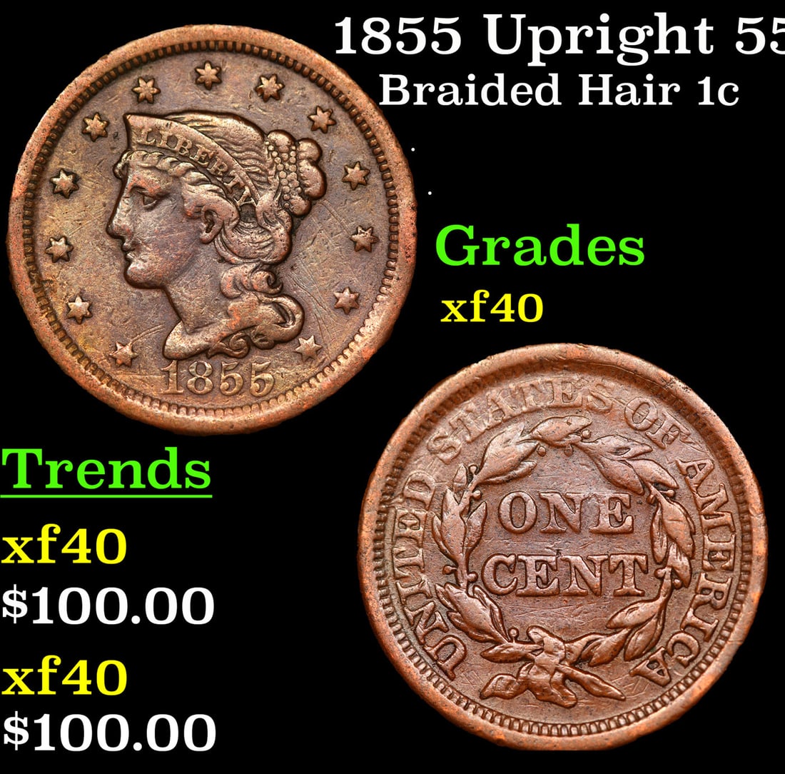 1855 Upright 55 Braided Hair Large Cent 1c Grades xf (1 of 3)