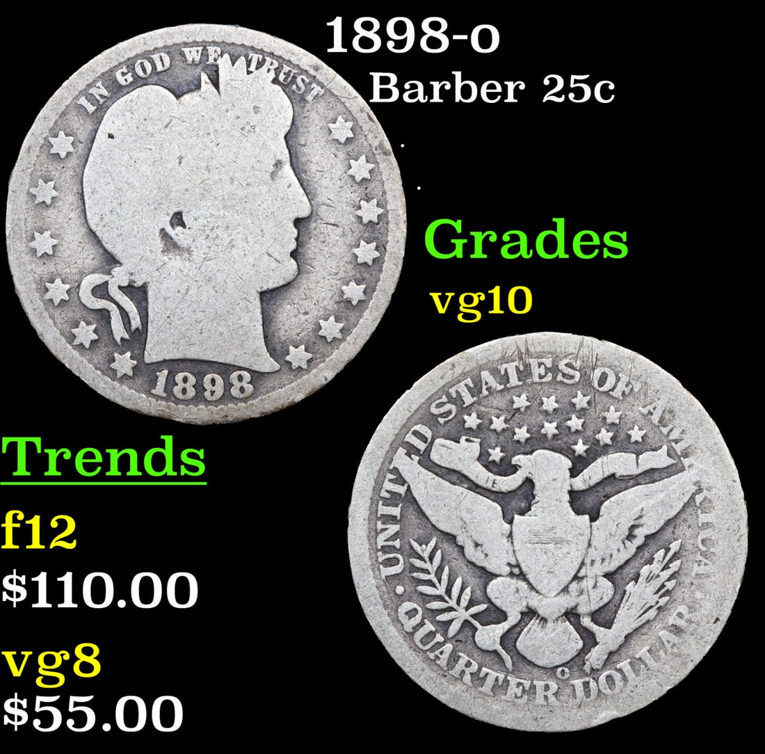 1898-o Barber Quarter 25c Grades vg+ (1 of 3)