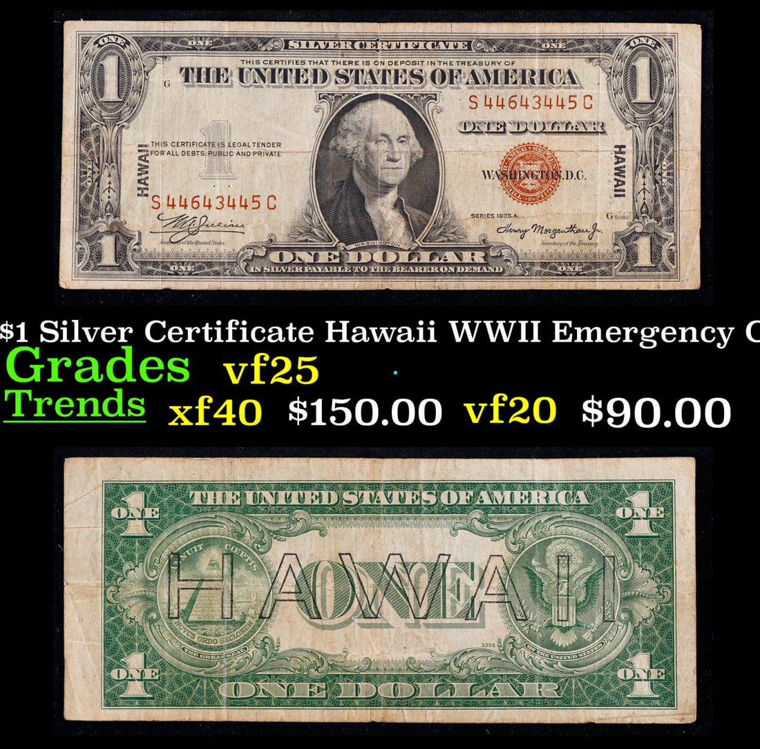1935A $1 Silver Certificate Hawaii WWII Emergency Currency Grades vf+: 1935A $1 Silver Certificate Hawaii WWII Emergency Currency Grades vf+. FR-2300 Signatures of Julian & Morgenthau WWII Emergency Currency. It was the darkest days of World War II, just after Pearl Harb