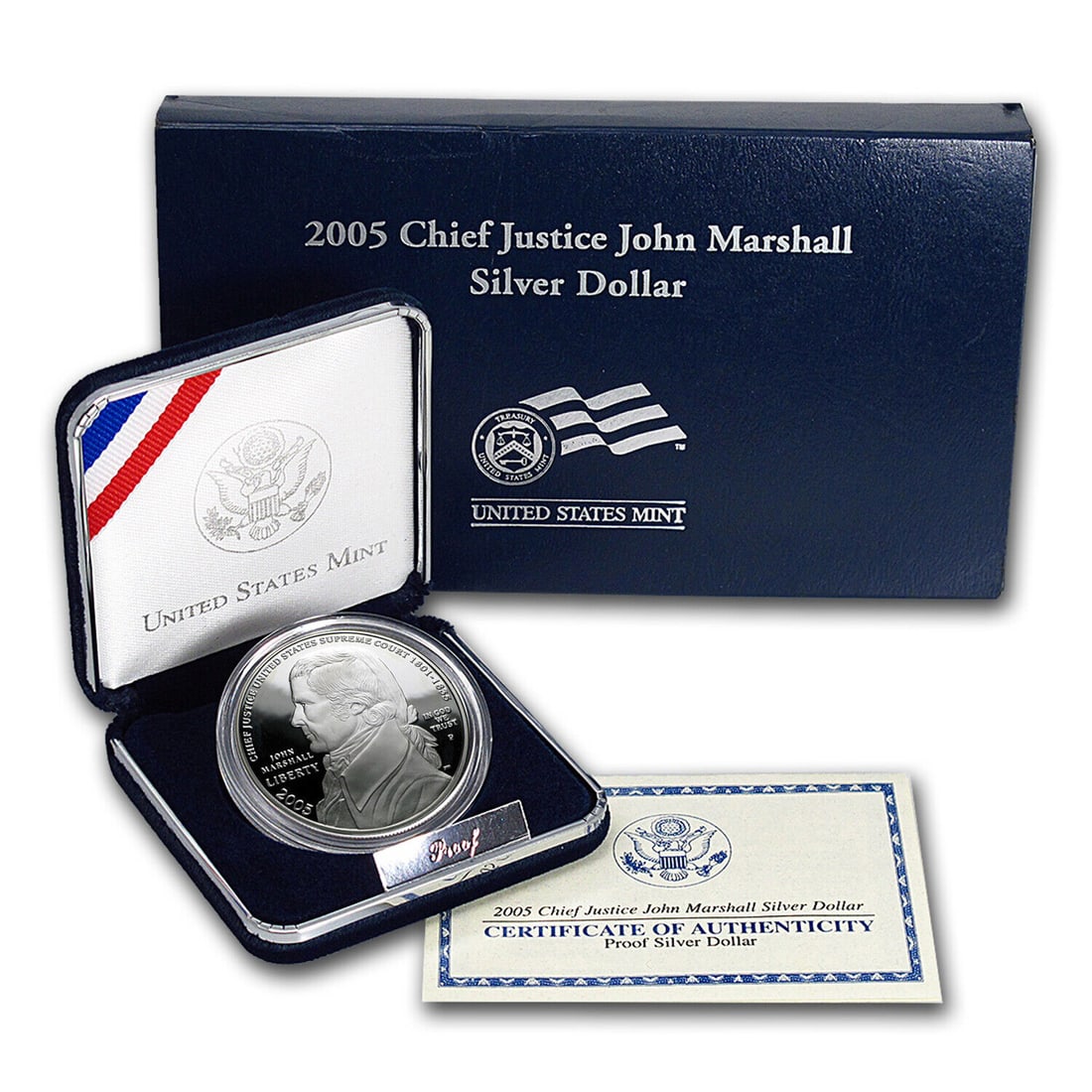 2005 P Chief Justice John Marshall $1 Proof Silver Dollar Coin w/Box & COA: 2005 P Chief Justice John Marshall $1 Proof Silver Dollar Coin w/Box & COA.