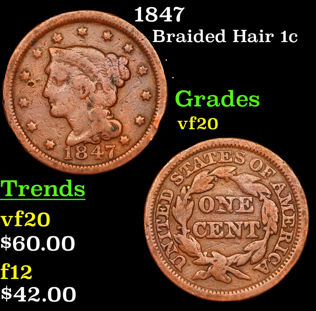 1847 Braided Hair Large Cent 1c Grades vf, very fine (1 of 3)