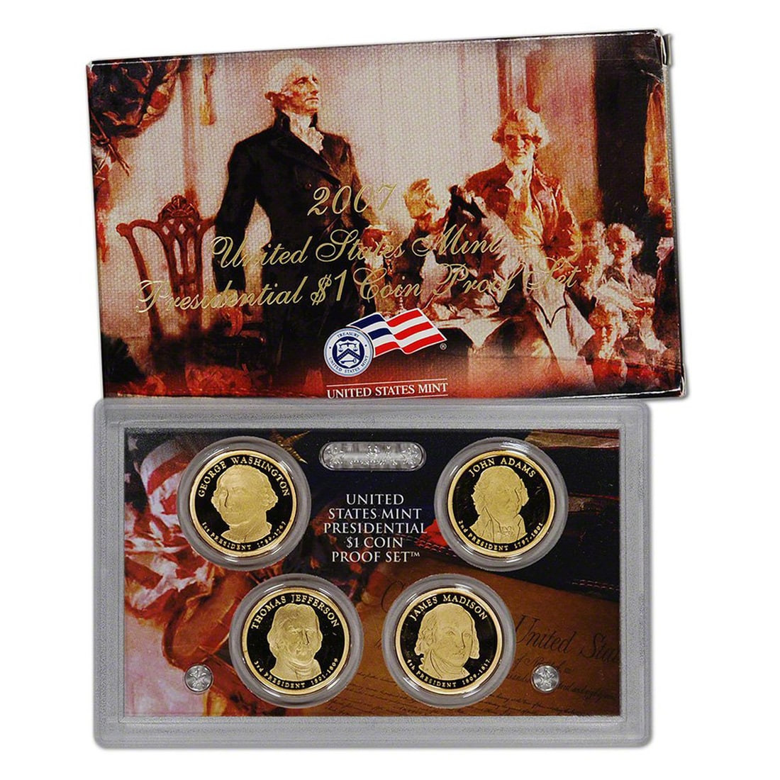2007 United States Mint Presidential Dollar Proof Set. 4 Coins Inside.: 2007 United States Mint Presidential Dollar Proof Set. 4 Coins Inside.. United States Mint Presidential Dollar Proof Set 2007 4 coins, the set includes proof versions of the general circulating $1 Pre