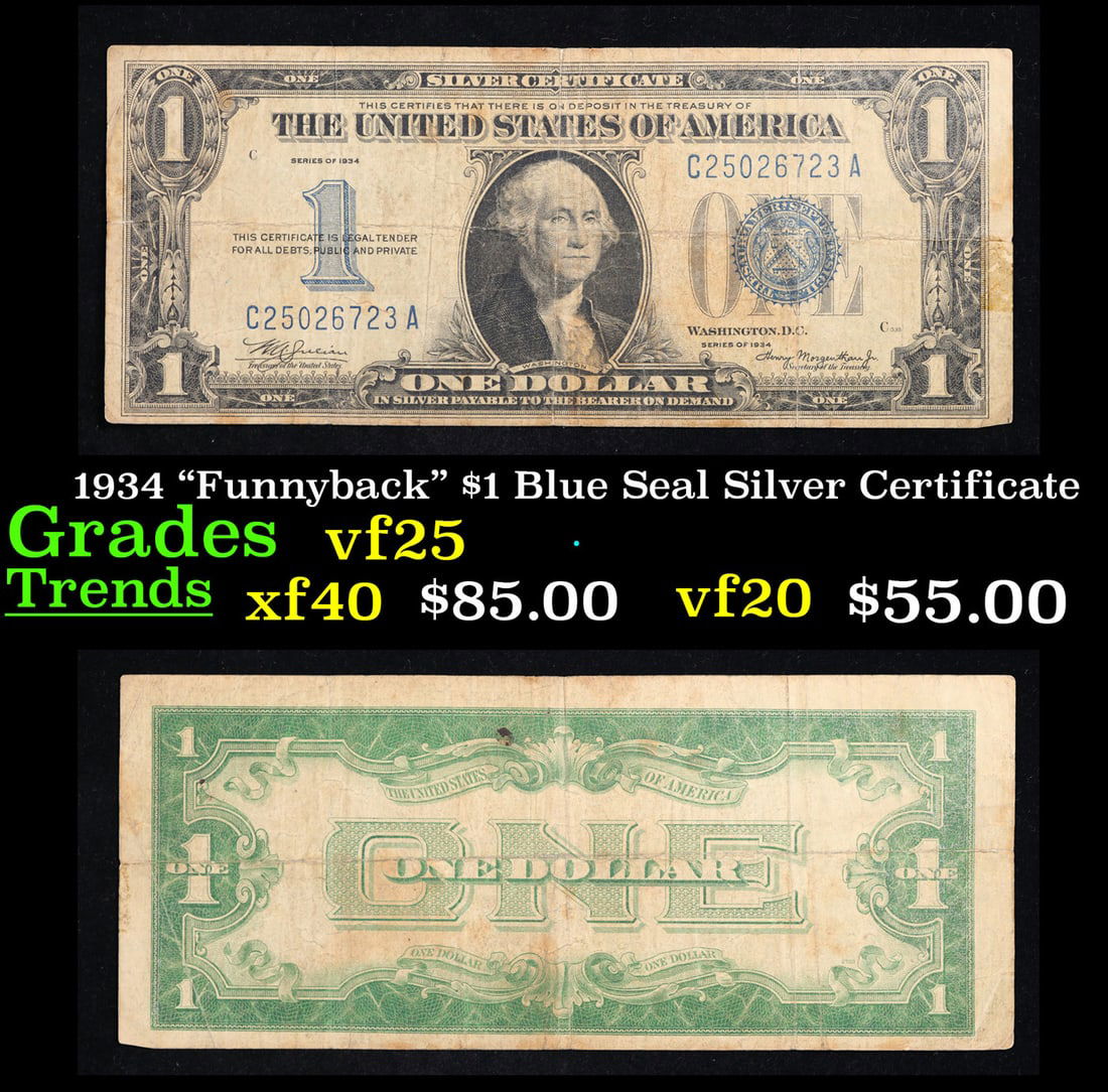 1934 $1 Blue Seal Silver Certificate "Funnyback" Grades vf+ (1 of 3)