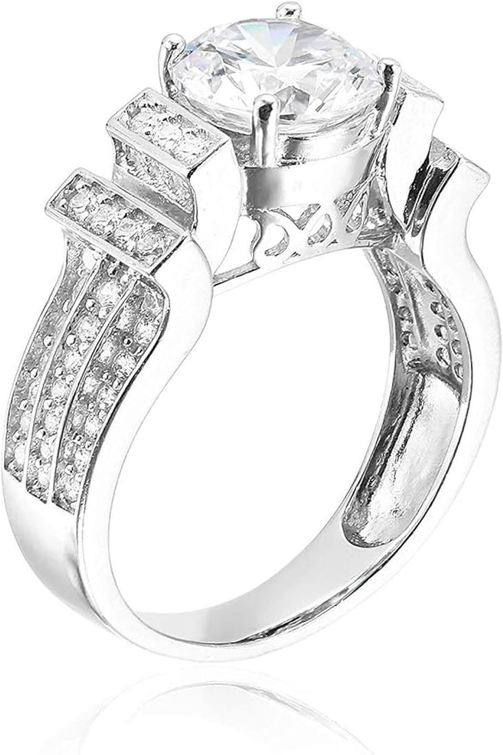 Decadence Sterling Silver Round Cut Tiered Pave Engagement Ring Size 8: Decadence Sterling Silver Round Cut Tiered Pave Engagement Ring Size 8. STERLING SILVER: This product is made of solid Sterling Silver and each piece is carefully trademarked with the metal purity for