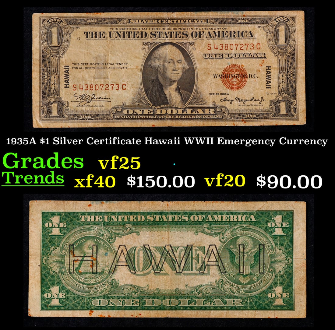 1935A $1 Silver Certificate Hawaii WWII Emergency Currency Grades vf+: 1935A $1 Silver Certificate Hawaii WWII Emergency Currency Grades vf+. FR-2300 Signatures of Julian & Morgenthau WWII Emergency Currency. It was the darkest days of World War II, just after Pearl Harb