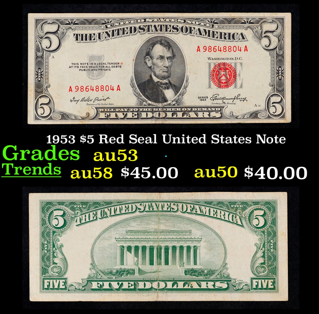 1953 $5 Red Seal United States Note Grades Select AU (1 of 3)