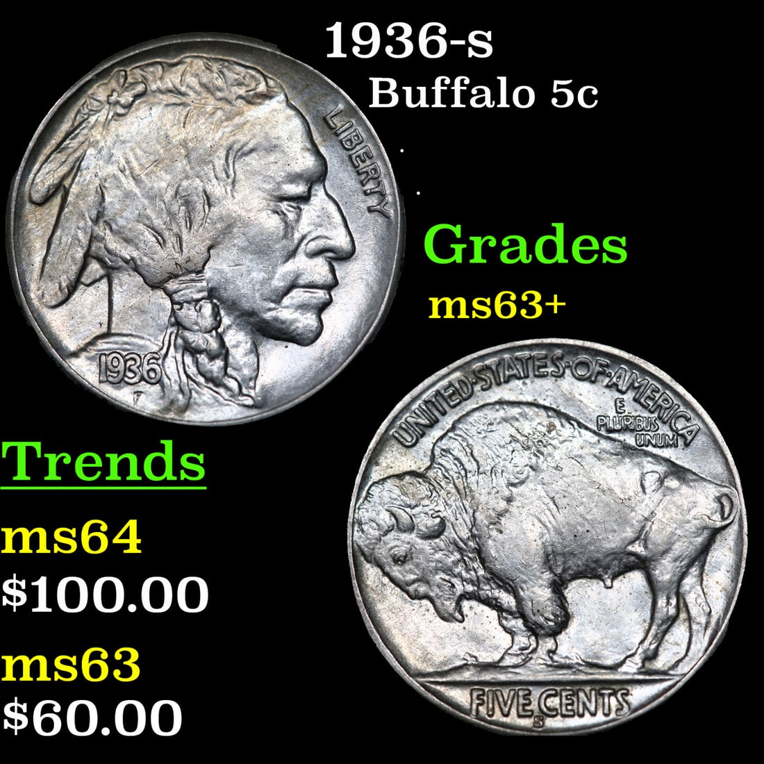 1936-s Buffalo Nickel 5c Grades Select+ Unc (1 of 3)