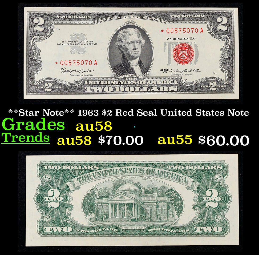 **Star Note** 1963 $2 Red Seal United States Note Grades Choice AU/BU Slider (1 of 3)