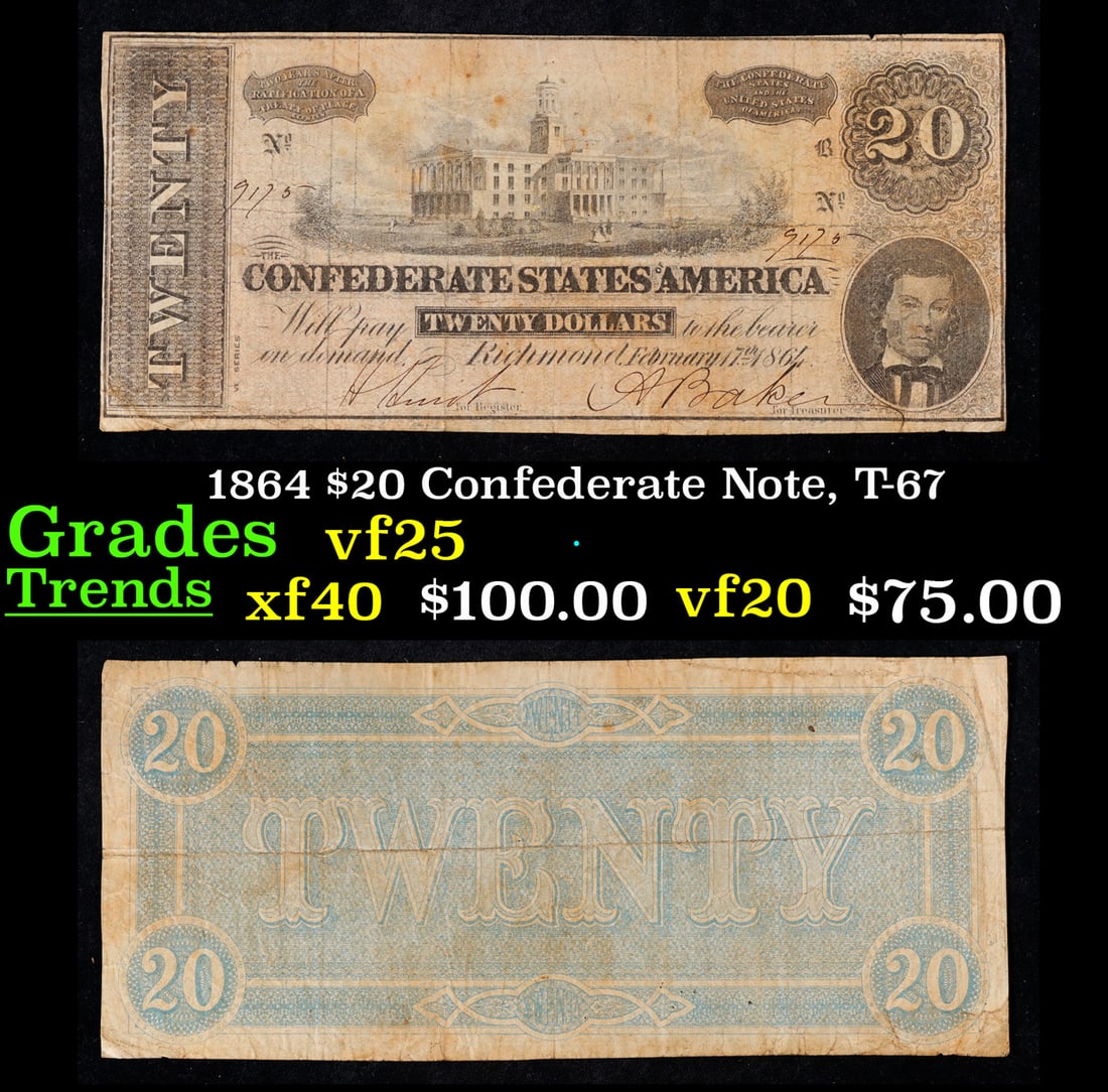 1864 $20 Confederate Note, T-67 Grades vf+ (1 of 3)