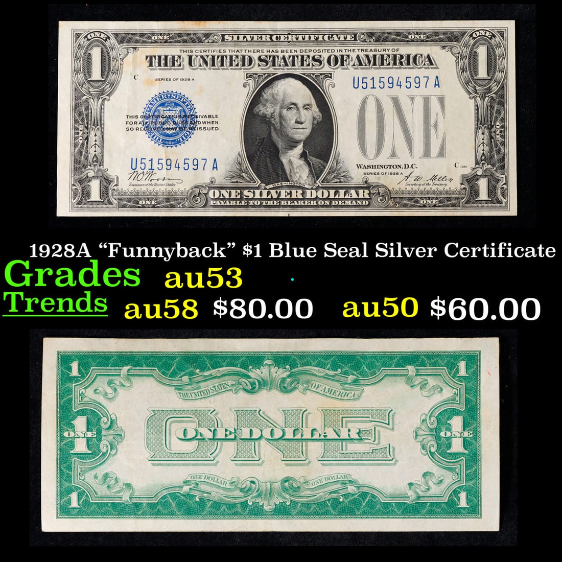 1928A "Funnyback" $1 Blue Seal Silver Certificate Grades Select AU (1 of 3)