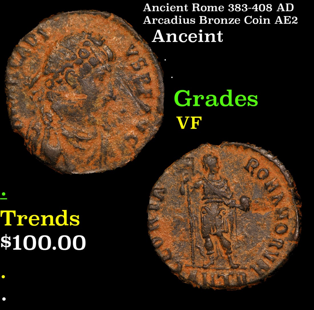 Ancient Rome 383-408 AD Arcadius Bronze Coin AE2 Grades vf (1 of 3)
