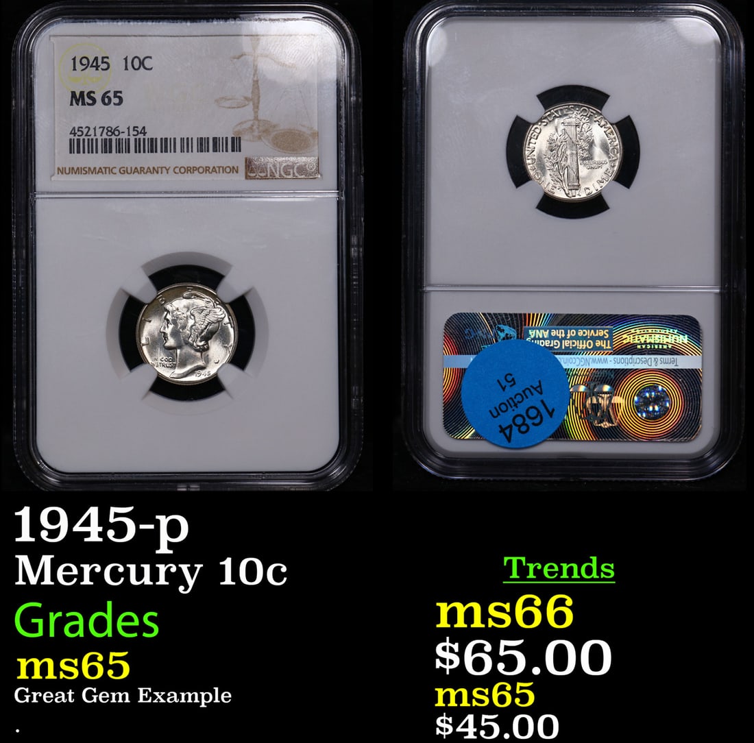 NGC 1945-p Mercury Dime 10c Graded ms65 BY NGC (1 of 3)