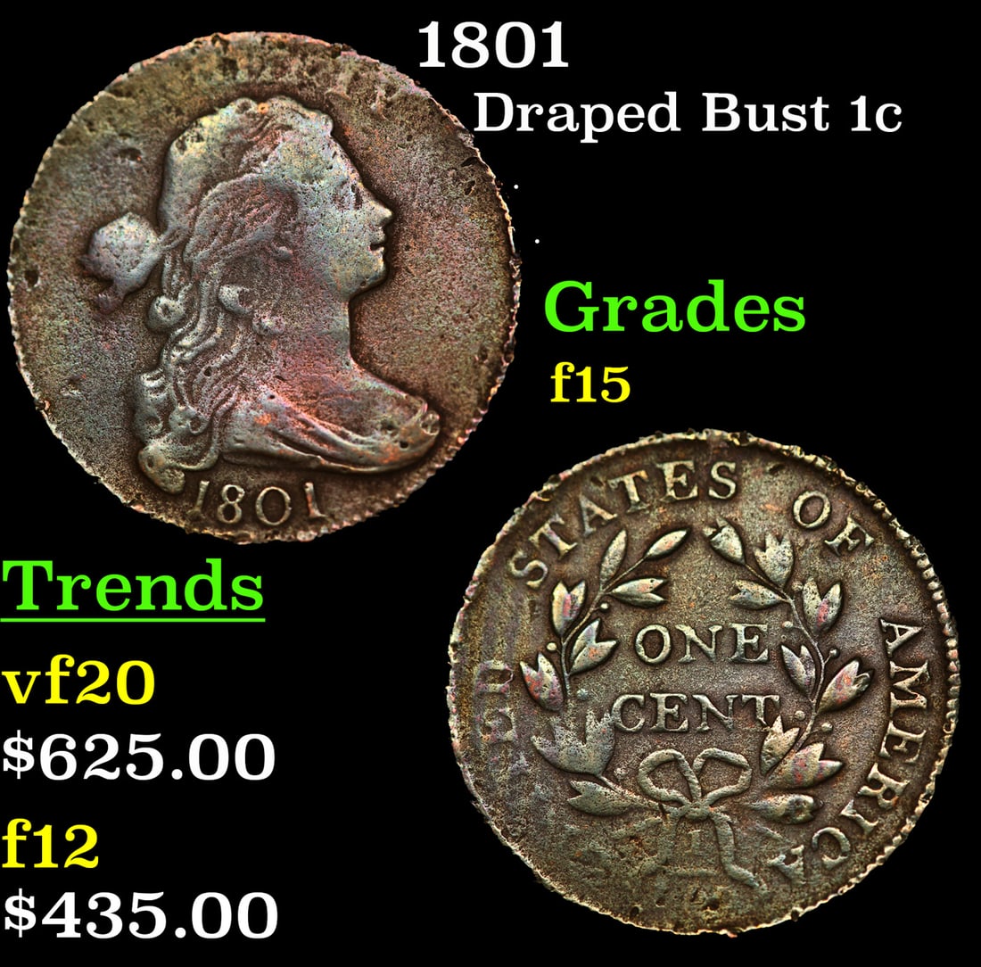 1801 Draped Bust Large Cent 1c Grades f+ (1 of 3)