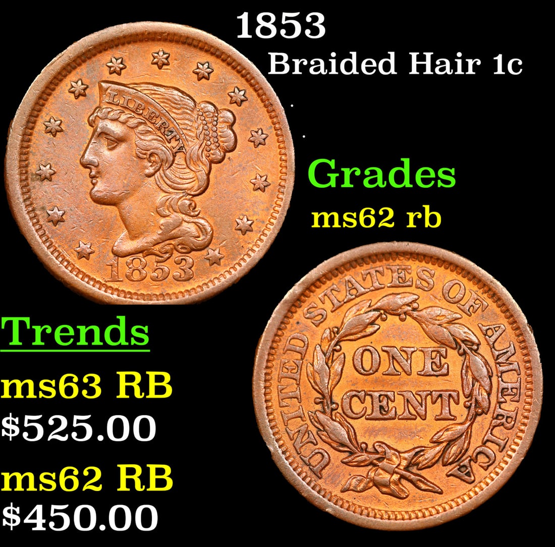 1853 Braided Hair Large Cent 1c Grades Select Unc RB (1 of 3)