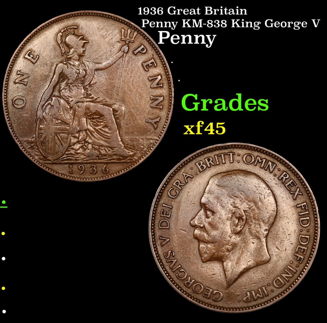 1936 Great Britain Penny KM-838 King George V Grades xf+: 1936 Great Britain Penny KM-838 King George V Grades xf+.