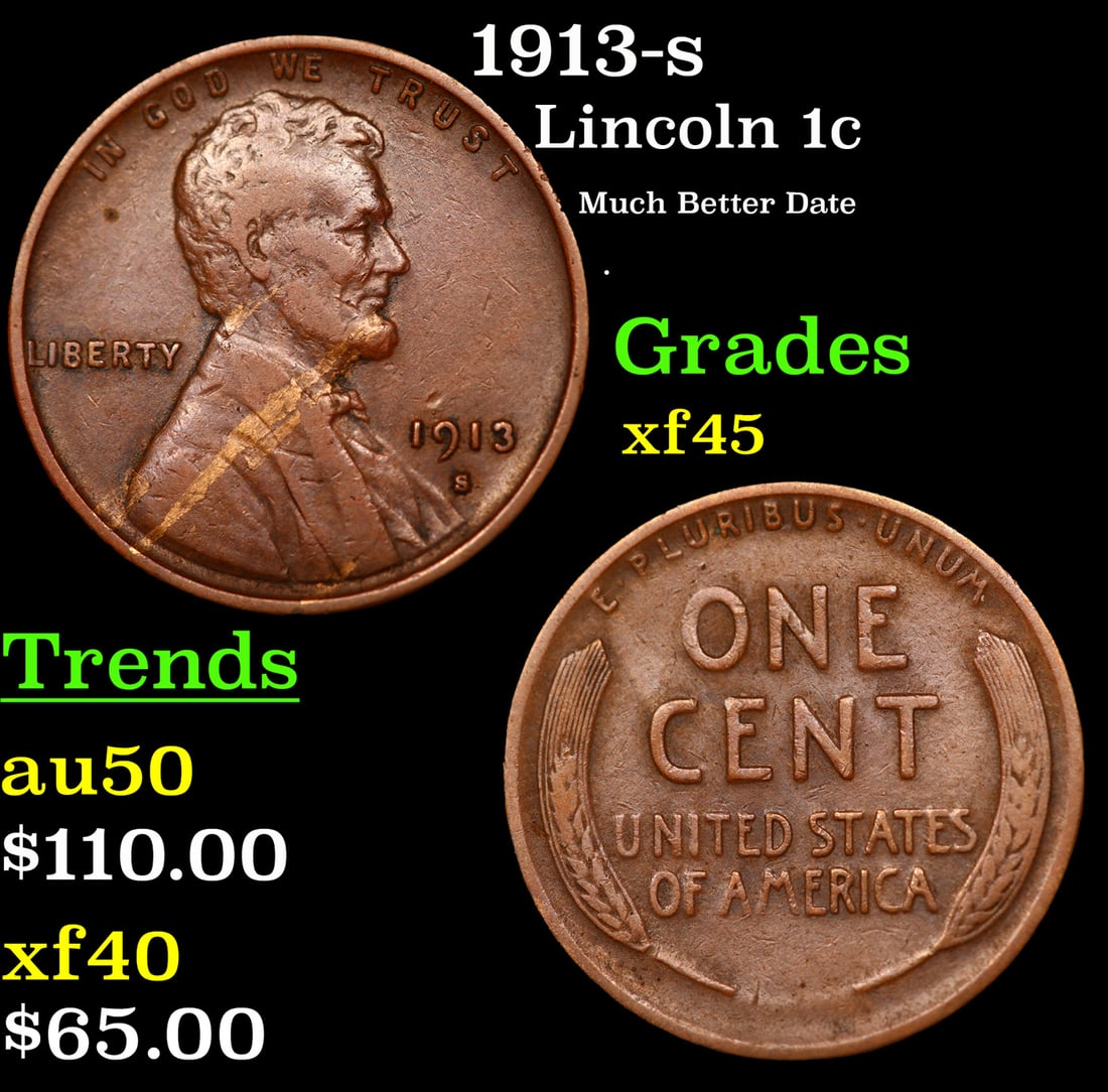 1913-s Lincoln Cent 1c Grades xf+ (1 of 3)