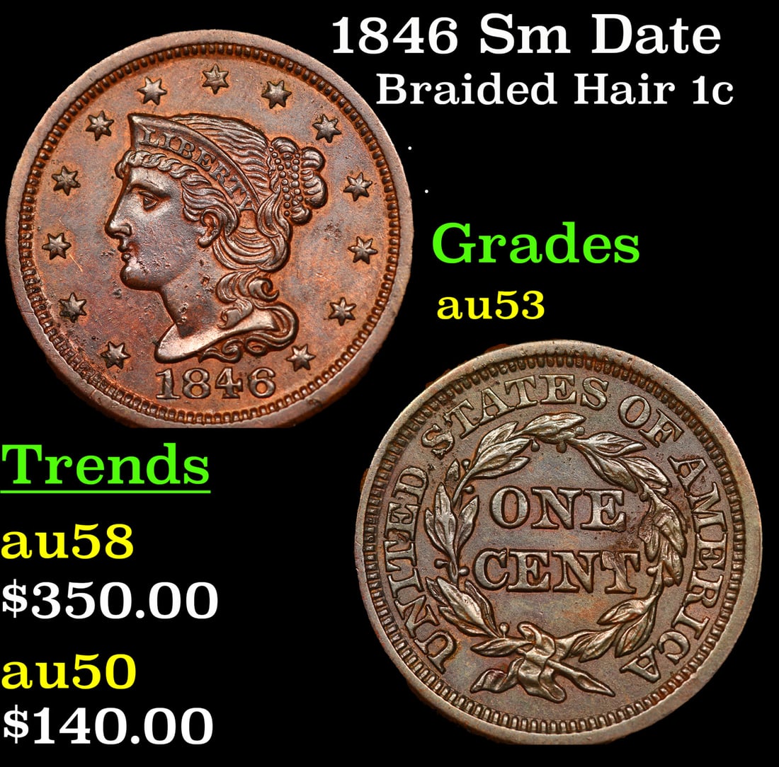 1846 Sm Date Braided Hair Large Cent 1c Grades Select AU (1 of 3)