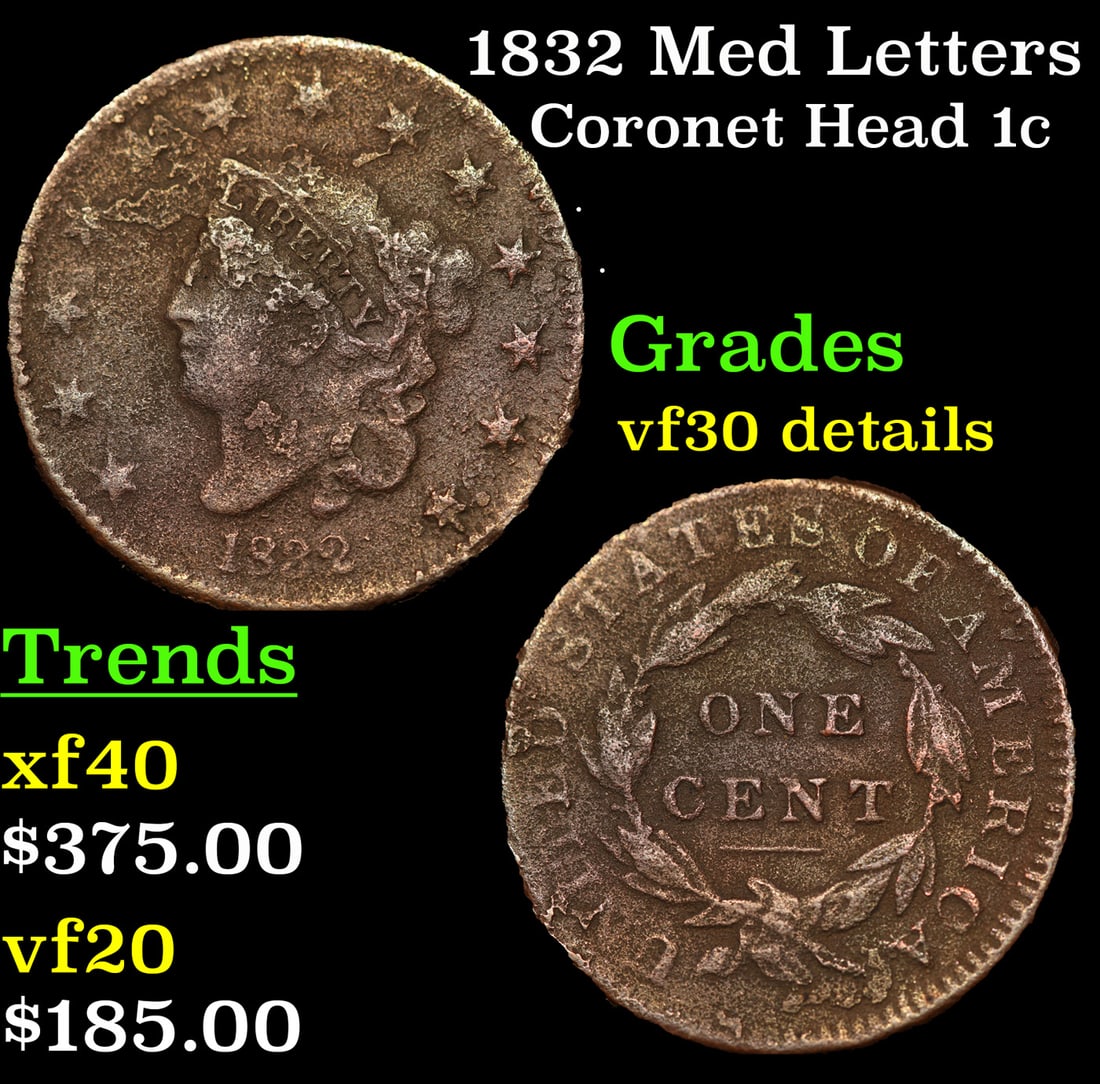 1832 Med Letters Coronet Head Large Cent 1c Grades VF Details (1 of 3)