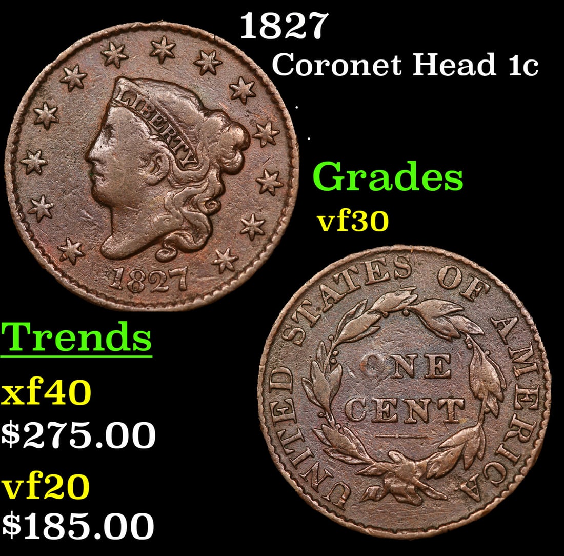 1827 Coronet Head Large Cent 1c Grades vf++ (1 of 3)