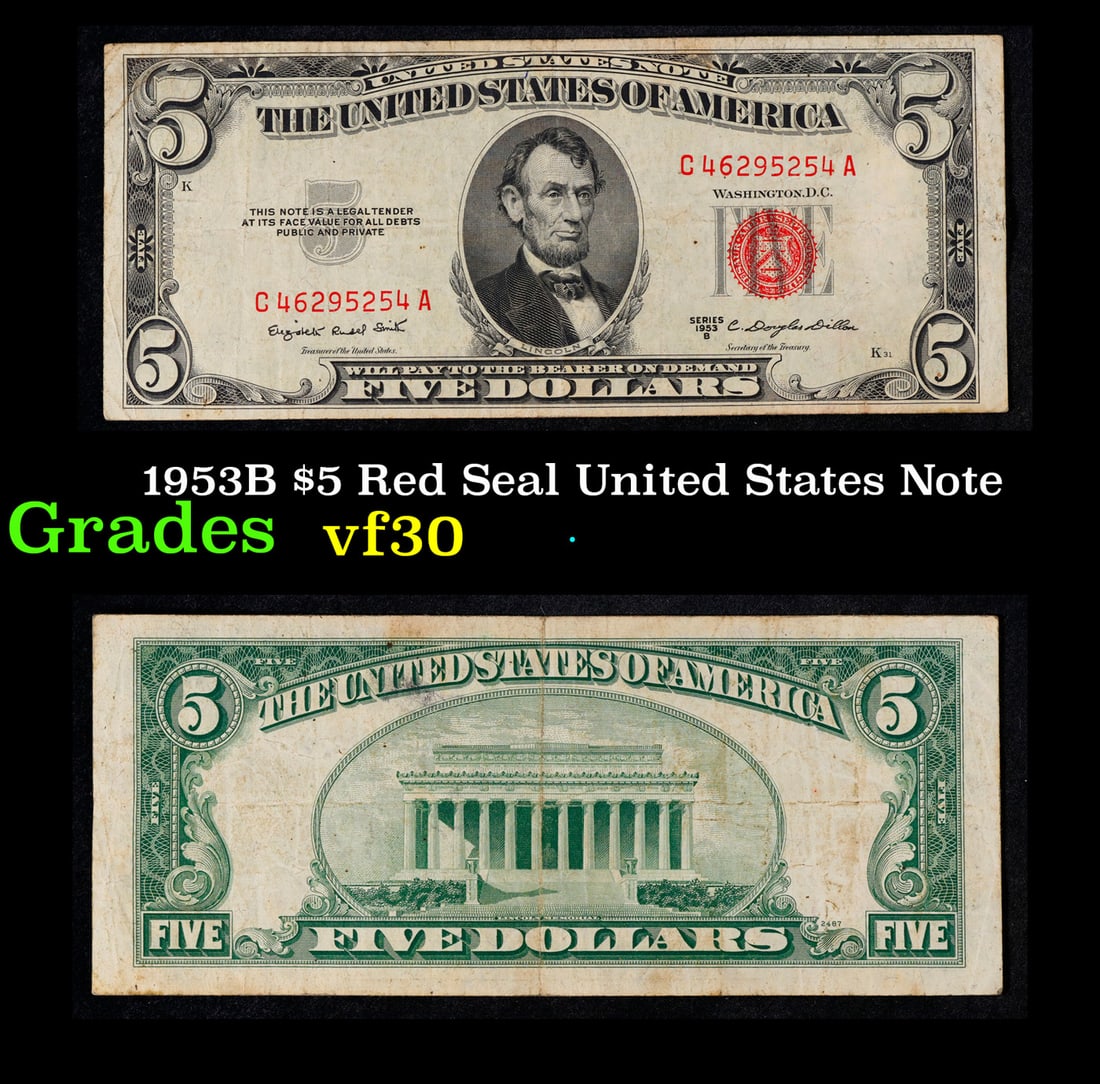 1953B $5 Red Seal United States Note Grades vf++ (1 of 3)