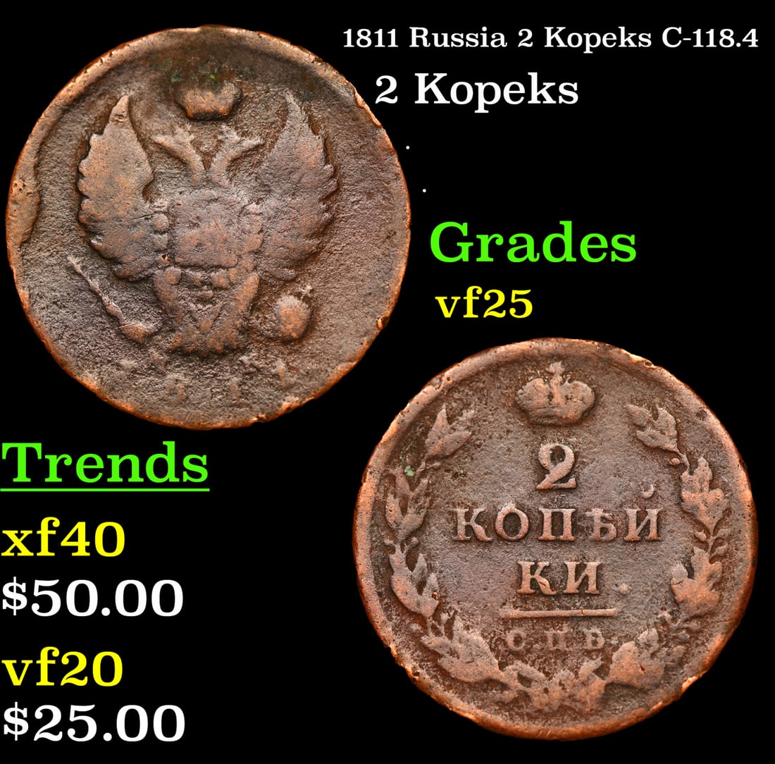 1811 Russia 2 Kopeks C-118.4 Grades vf+ (1 of 3)