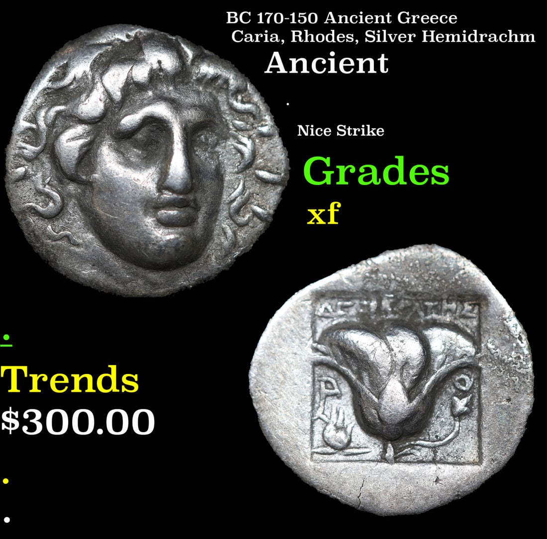 BC 170-150 Ancient Greece Caria, Rhodes, Silver Hemidrachm Ancient Grades xf (1 of 3)