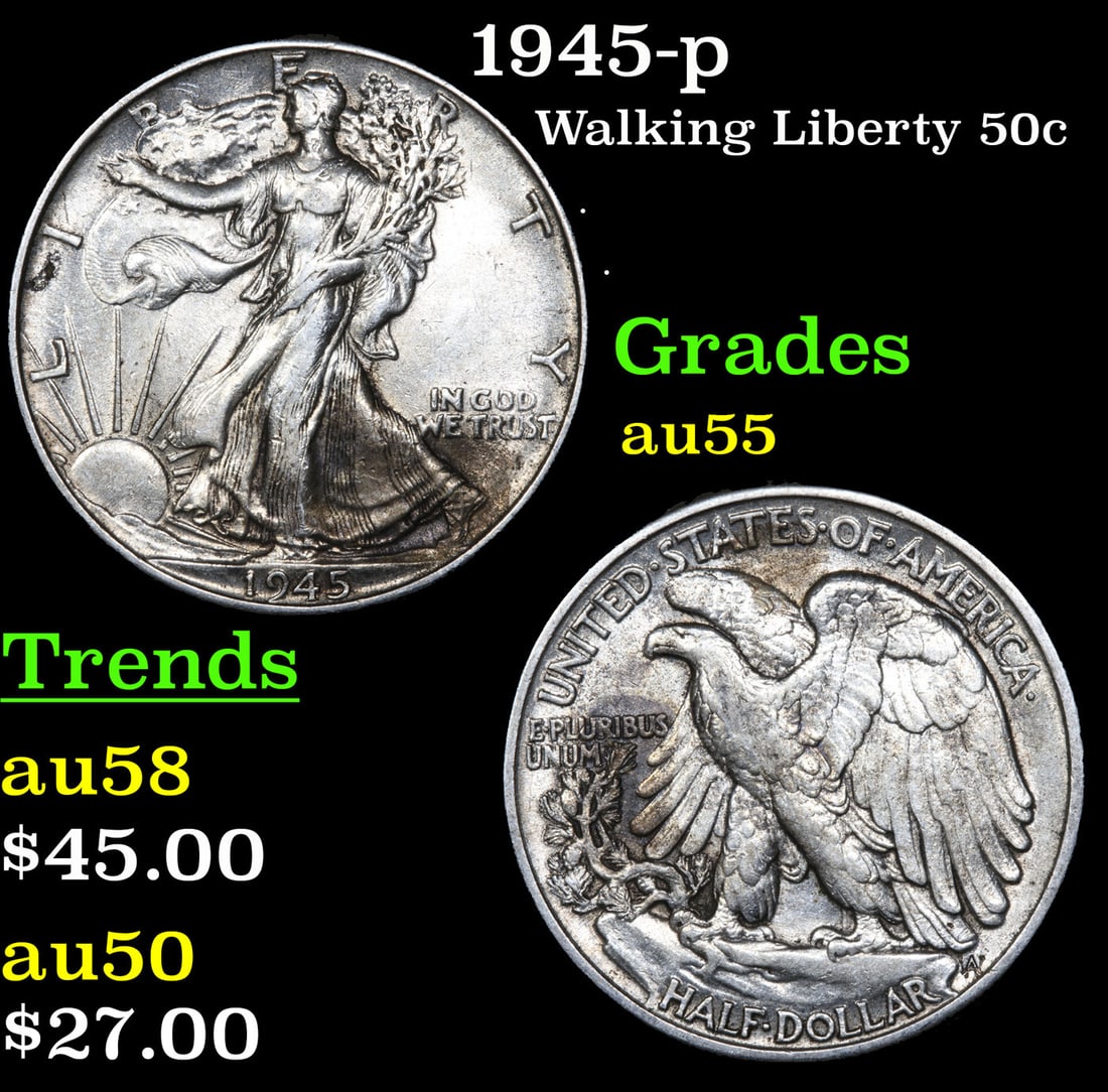 1945-p Walking Liberty Half Dollar 50c Grades Choice AU: 1945-p Walking Liberty Half Dollar 50c Grades Choice AU.