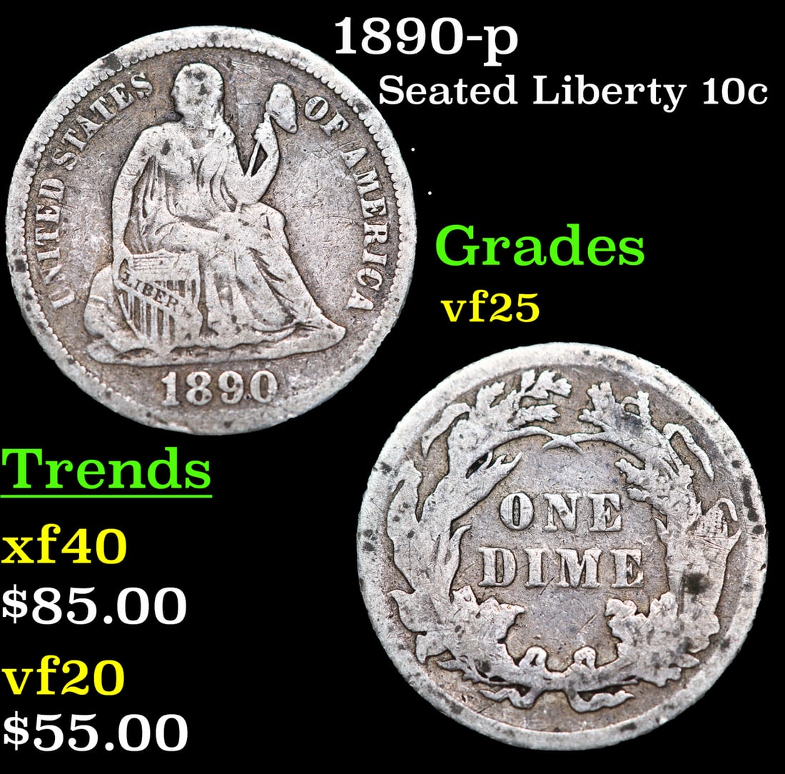 1890-p Seated Liberty Dime 10c Grades vf+ (1 of 3)