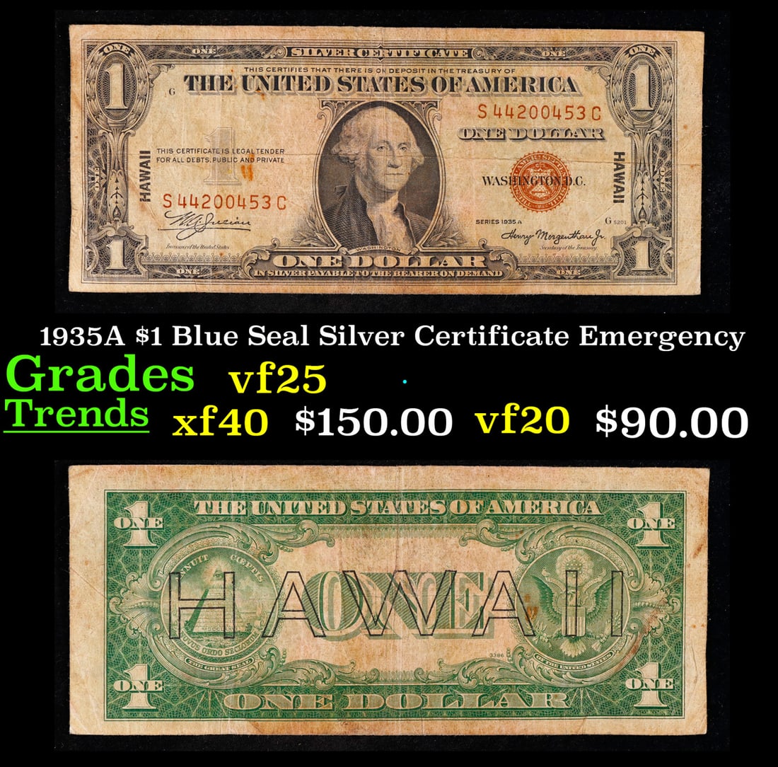 1935A $1 Blue Seal Silver Certificate Grades vf+ Emergency: 1935A $1 Blue Seal Silver Certificate Grades vf+ Emergency. 1935A $1 Silver Certificate Hawaii, Signatures of Julian & Morgenthau. It was the darkest days of World War II, just after Pearl Harbor. Eve