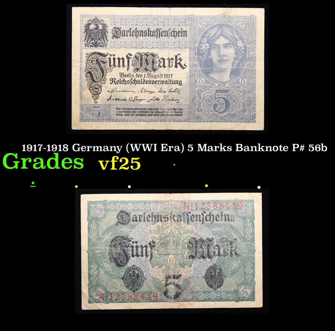 1917-1918 Germany (WWI Era) 5 Marks Banknote P# 56b Grades vf+ (1 of 3)